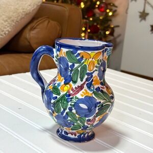 Vintage Casas Puente Mexican Pottery Hand Painted Floral Pitcher Vase